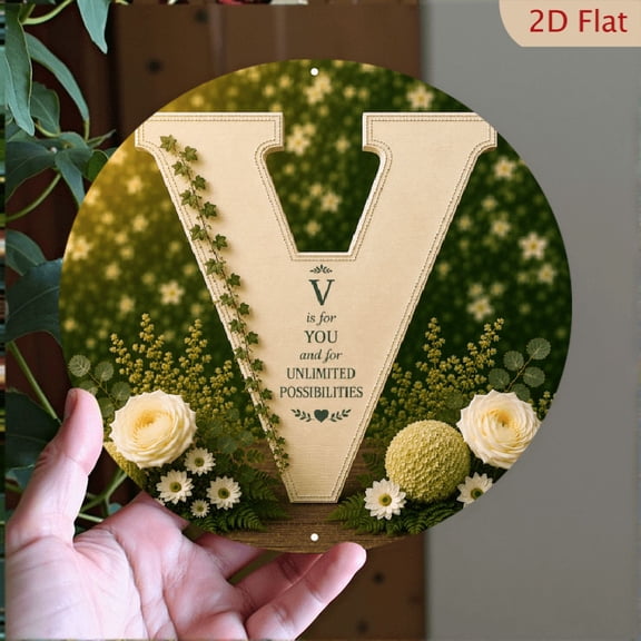 2D Flat, Letter V Floral Initial Round Aluminum Sign 8x8in, Rustic Farmhouse Botanical Wall Decor, Personalized Monogram Hanging Plaque
