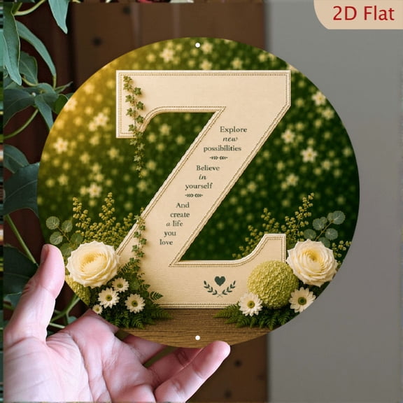 2D Flat, Letter Z Floral Monogram Round Aluminum Sign 8x8in, Rustic Farmhouse Botanical Wall Decor, Personalized Initial Hanging Plaque for Entryway