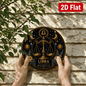 2D Flat, Libra Zodiac Round Wall Art, Vintage Astrology Metal Sign Decor, Celestial Horoscope Plaque with Gold Black Boho Design for Bedroom Living Room Office Home Decor
