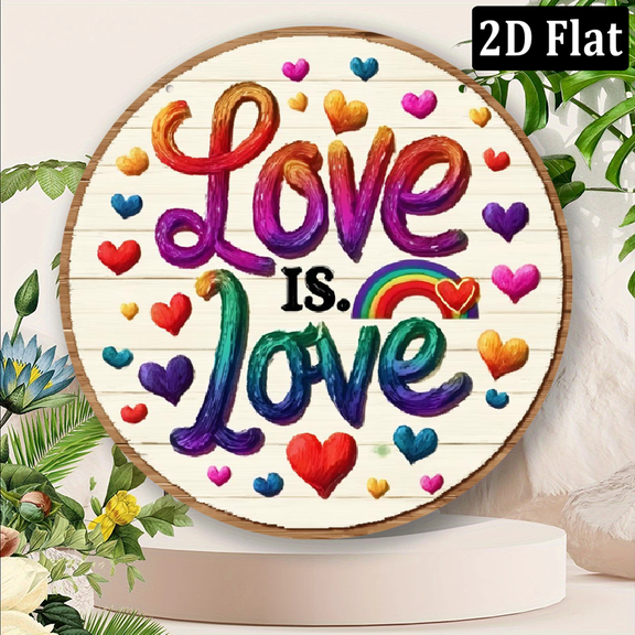 2D Flat Love Is Love Rainbow Circle Decorative Painting Theme Pattern Design, Flat Print Metal Signs, Circular Iron Hanging Picture, 8X8 Inch Wall Decoration, Suitable for Home, Bars, Garages, Clubs,