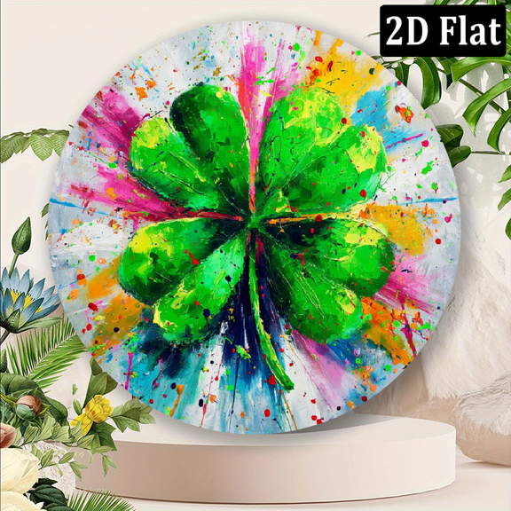 2D Flat, Lucky Four-Leaf Clover Sign 8x8 inch Round Hanging Decor for Garden, Yard, Door Party - Perfect for Window Display.