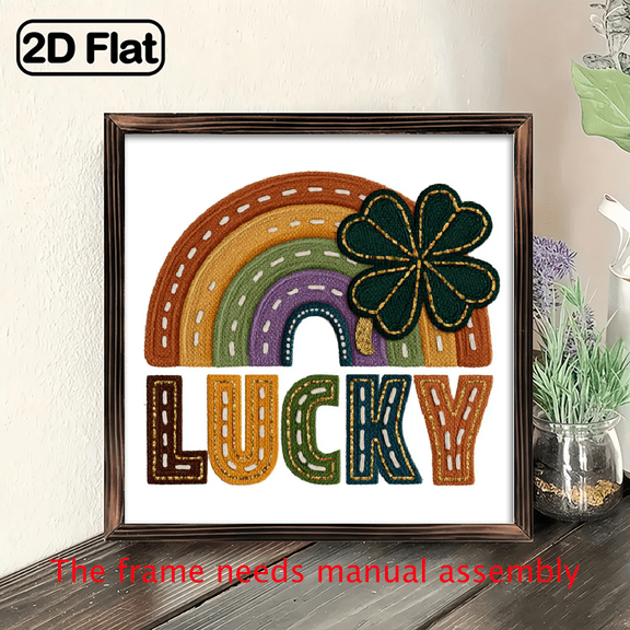 2D Flat, Lucky Rainbow wooden board painting. Vintage St Patrick's Day Decor with Whimsical Design, Cheerful Home Art for Entryway Office - Charming Gift. 8x8in