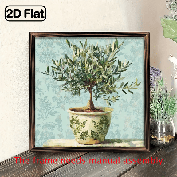 2D Flat, Mediterranean Olive Tree in Floral Pot Rustic Farmhouse Wall Decor - Teal Floral Background - 8x8 Inch Wooden Sign, Office - Housewarming Gift - Easy Hang with Pre-Drilled Holes