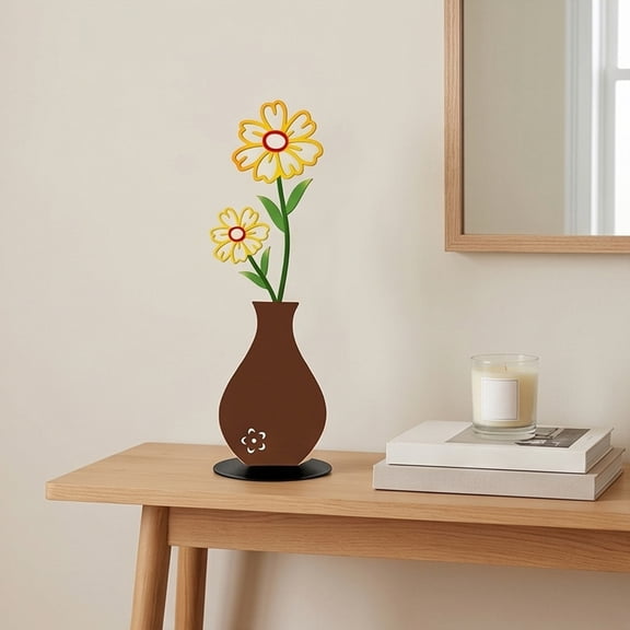 2D Flat Metal Flower Vase Decor â Creative Floral Arrangement Tabletop Centerpiece for Living Room, Office & Home Decoration (Brown)