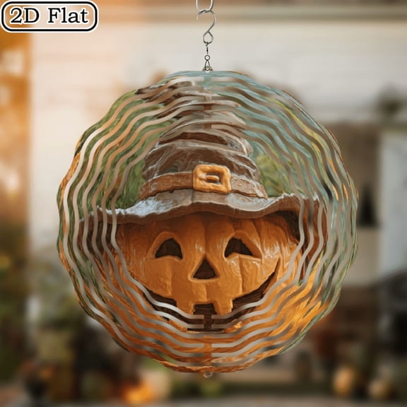 2D Flat, Metal Pumpkin Wind Spinner - Halloween, Thanksgiving, Christmas, Easter Decorations - Wind-Powered Kinetic Motion - Durable Iron Construction - Easy Hang Chains for IndoorOutdoor Garden