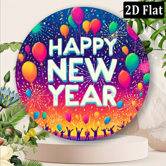 2D Flat, Metal Round Sign Measuring Happy New Year 2026 Sign - Suitable for Rustic Round Wall Decor in Homes, Gyms, Cafes, Bars, Kitchens.8x8 inch