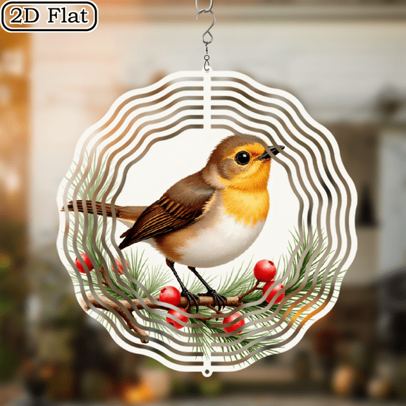 2D Flat, Metal Wind Chime with Rotating Pine Branch Bird Design - Rustic Outdoor Garden Patio Decor, No Battery Needed, Durable Iron Construction, Holiday Gift for Home Yard, Wind Spinner 10*10in