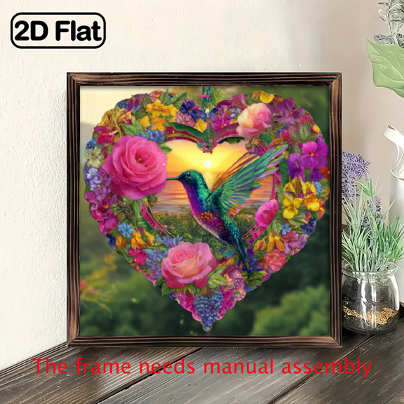 2D Flat Metal Wind Spinner, Hanging Heart-Shaped Wind Chime with Colorful Floral and Hummingbird Design, Unique Artistic Decor for Balcony Garden, 8x8 Rotating Visual Ornament, Spring-Inspired Ya