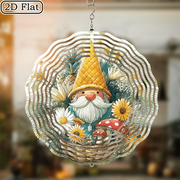 2D Flat, Metal Windmill Hanging Decor - Happy Gnome with Pineapple, Openwork Mandala Design - No Electricity Needed Outdoor_Indoor Decoration - Durable Garden, Patio, Wind Spinner 10*10in