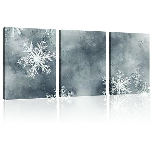 2D Flat, Minimalist Snowflake Canvas Wall Art - Modern Geometric Indoor Decor for Bedroom, Living Room, or Home Office, White Snowflakes on Gray Abstract Background 12*16inch*3pcs