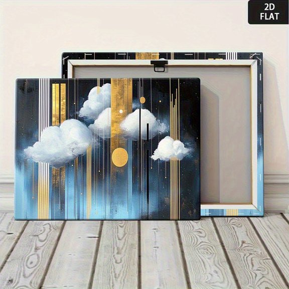 2D Flat, Modern Abstract Blue & Golden Cloud Painting - Wrap-Around Frame, Retro Minimalist Style HD Suitable for, Bedroom, Office Decor - Fade-Resistant Blue & Golden Clouds on