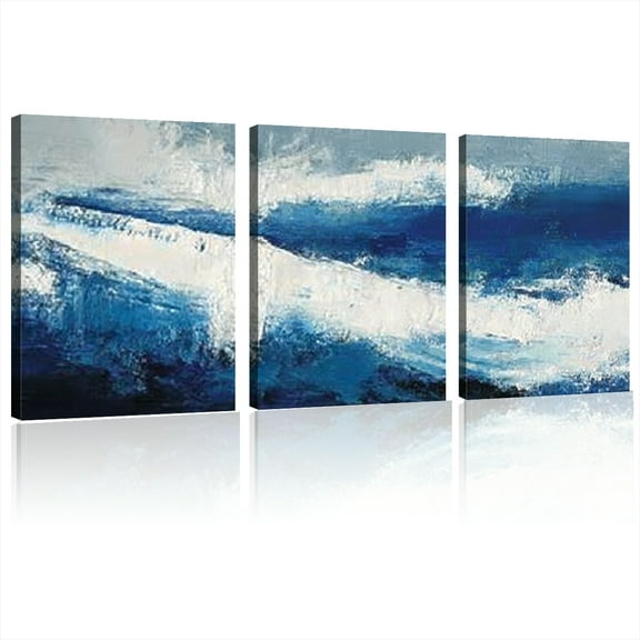 2D Flat, Modern Abstract Canvas Wall Art Blue and White Oceanic Design, Unique Home or Office Decor for Living Room, Bedroom, or Dining Area, Room Decor 12*16inch*3pcs