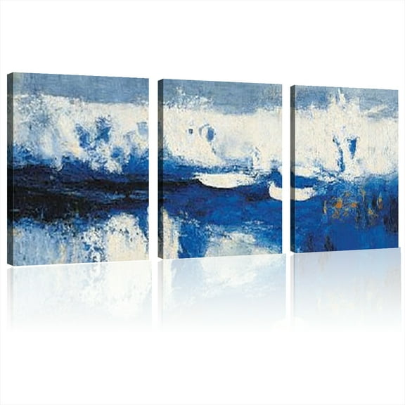 2D Flat, Modern Abstract Canvas Wall Art Thick Blue and White Oceanic Design, Unique Home or Office Decor for Living Room, Bedroom, or Dining Area, Room Decor 12x16inchx3pcs