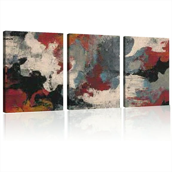 2D Flat, Modern Abstract Canvas Wall Art Thick Framed Decor with Geometric Design in Black, White, Red &amp; Gray - Perfect for Living Room, Bedroom, or Home Office 12x16inchx3pcs