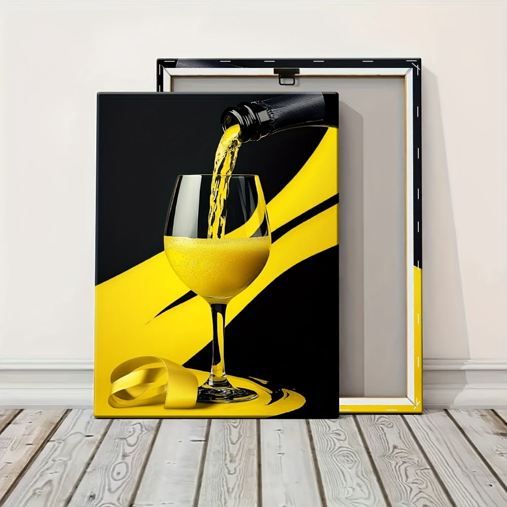 2D Flat, Modern Abstract Canvas Wall Art - Vibrant Yellow Liquid Pouring into Glass Painting with Bold Black & Yellow Contrast, Wrapped Wooden Frame, High-Quality Canvas Print for Living Room