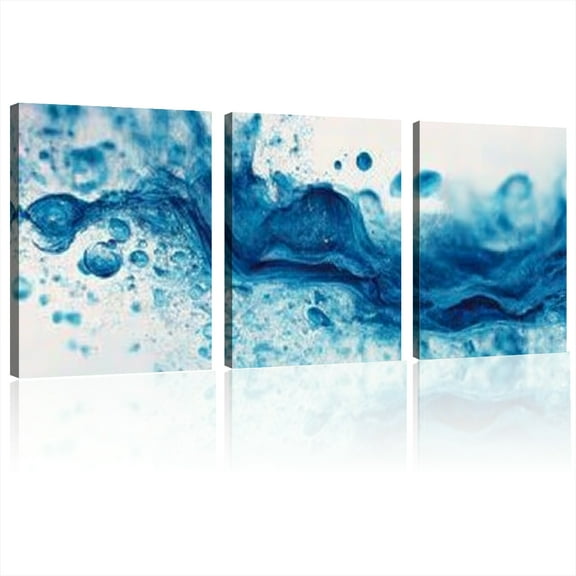 2D Flat, Modern Abstract Oceanic Wave Canvas Wall , Blue &amp; White Striped Oil Painting Print for Living Room, Bedroom, Kitchen Decor - Indoor Wall Decor 12x16inchx3pcs