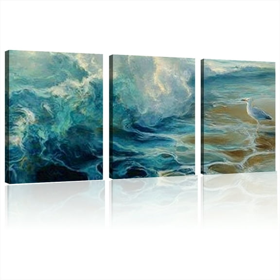 2D Flat, Modern Art Deco Abstract Ocean Waves Canvas Wall Art Wrapped Frame, Blue &amp; Golden Striped Painting for Living Room, Bedroom, Kitchen, Office - Indoor Decor, Spring 12x16inchx3pcs