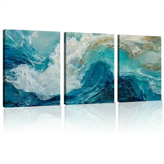 2D Flat, Modern Art Deco Abstract Ocean Waves Canvas Wall Art Wrapped Frame, Blue & Golden Striped Painting for Living Room, Bedroom, Kitchen, Office - Indoor Decor12*16inch*3pcs