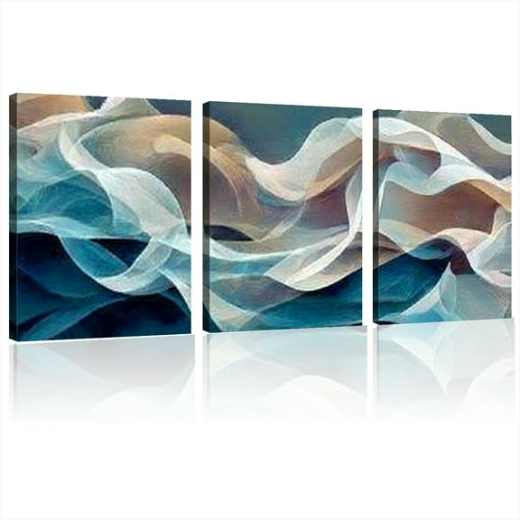 2D Flat, Modern Art Deco Abstract Wave Canvas Wall , Blue Beige Brown Striped Painting for Living Room, Bedroom, Kitchen Decor - Spring Fall Indoor Home Decor12*16inch*3pcs
