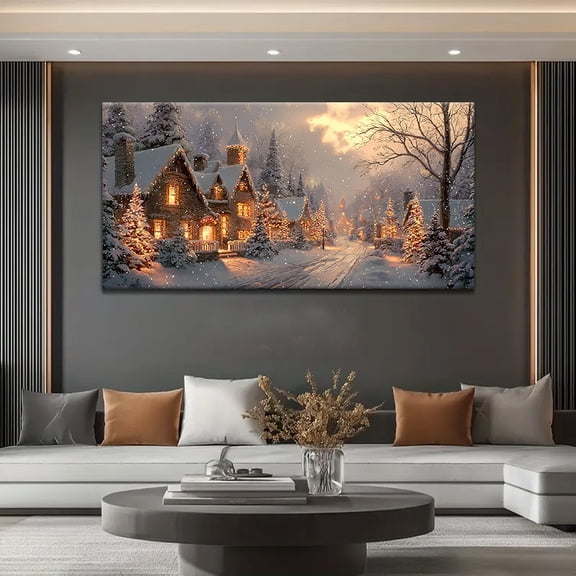 2D Flat, Modern Scandinavian Winter Snow Landscape Wall Art - Large Horizontal Wrapped Canvas Painting with Wood Frame, Cozy Snowy Cottage & Frosted Window Scene - Nordic Christmas for Living Room,