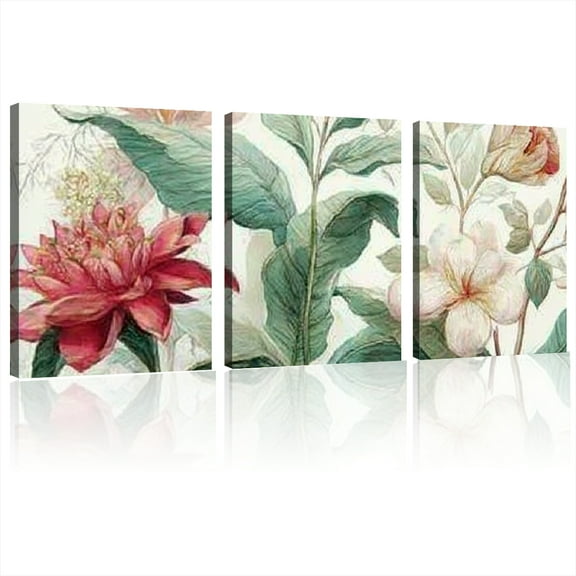 2D Flat, Modern Tropical Plants Canvas Wall Art - Pink Flowers & Green Leaves Painting in Soft Pastel Colors (Pink, Green,) Framed Botanical Print for Living Room 2D Flat 12*16inch*3pcs
