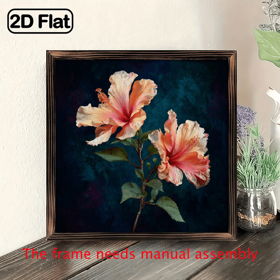 2D Flat, Modern Wooden Picture Frame Wall Art 8x8inch Dark Background with Hibiscus Floral Pattern, Tropical Style Design, Home Decoration, Suitable Living Room, Bedroom.