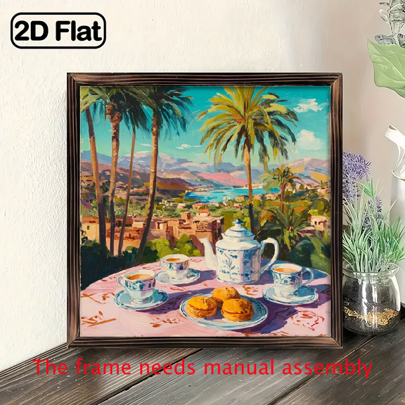 2D Flat, Moroccan-Inspired Arabic Tea Art Wall Plaque - Framed Palm Tree Marrakech Desert Landscape Sign, 8x8 Inch Wood Decorative Panel for Home, Coffee Shop, Office - MoroccanThemed Housewarmin