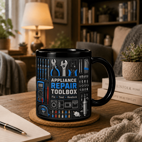 2D Flat Mug, Appliance Repair Mug Toolbox Design, Technician Gift Coffee Cup for Fix Test Restore Pros