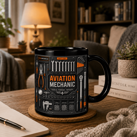2D Flat Mug, Aviation Mechanic Mug Toolbox Design Gift for Aircraft Maintenance Tech
