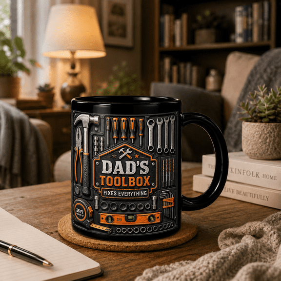 2D Flat Mug, Dad's Toolbox Mug Funny Handyman Coffee Cup Gift for Dad
