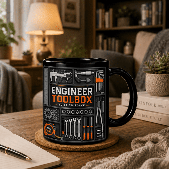 2D Flat Mug, Engineer Toolbox Mug Built to Solve, Engineering Gift Coffee Cup for Engineers