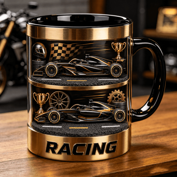 2D Flat Mug, Formula Racing Car Mug Black Gold Race Fan Coffee Cup Gift