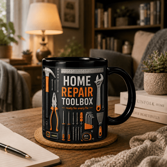 2D Flat Mug, Home Repair Toolbox Mug for DIY Handyman, Ready for Every Fix Coffee Cup Gift