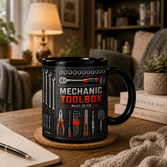 2D Flat Mug, Mechanic Toolbox Mug Built To Fix Gift for Mechanics, Auto Techs & Garage Coffee Lovers