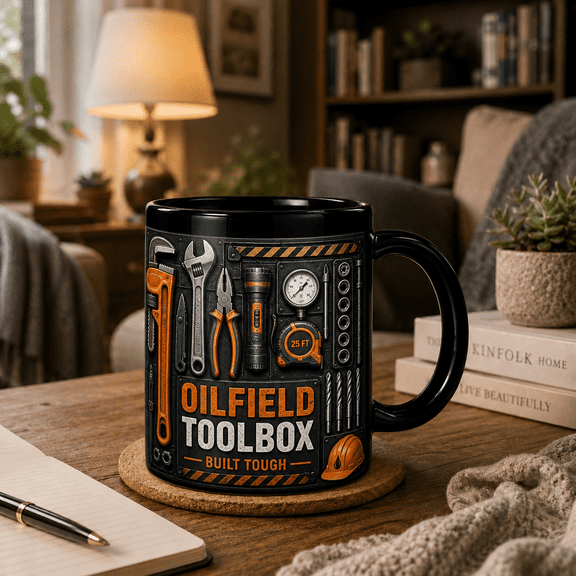 2D Flat Mug, Oilfield Worker Mug Built Tough Toolbox Gift for Rig Hands and Tradesmen