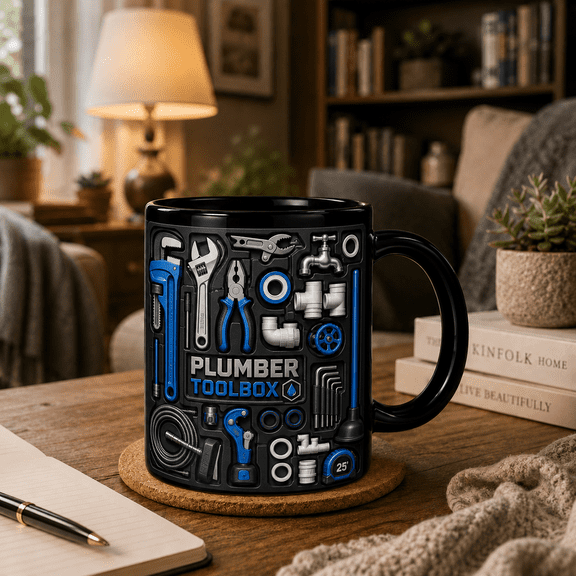 2D Flat Mug, Plumber Toolbox Mug Black Coffee Cup for Plumbers, Handyman Work Crew Gift