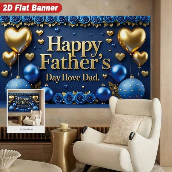 2D Flat Multicolor Fathers Day Banner - Happy Fathers Day I Love Dad With Gold Hearts, Blue Roses & Balloons On Navy Background