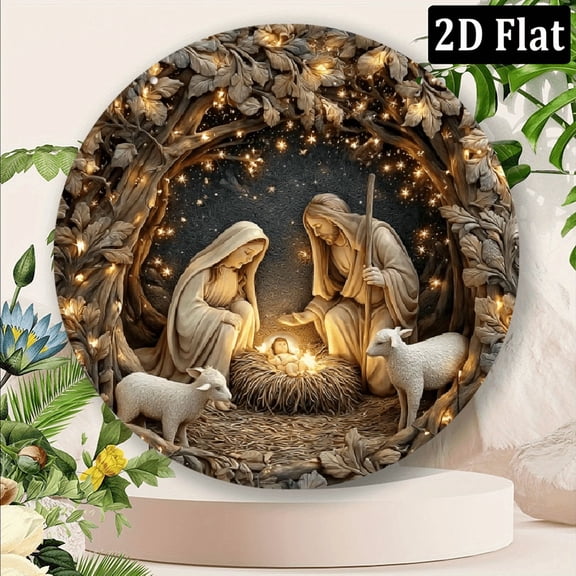 2D Flat Nativity Scene Sign Design Round Sign Church Wall Door Hanging Decor Ideal Gift for Christian Christmas Home Wall Decor 8*8inch