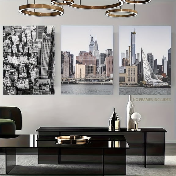 2D Flat, New York City Skyline Wall Art - Vertical Black & White Frameless Canvas Print, Retro Bohemian NYC Line Art for Christmas New Year Decor, / Vertical for home Office Bedroom, Winter Autumn S