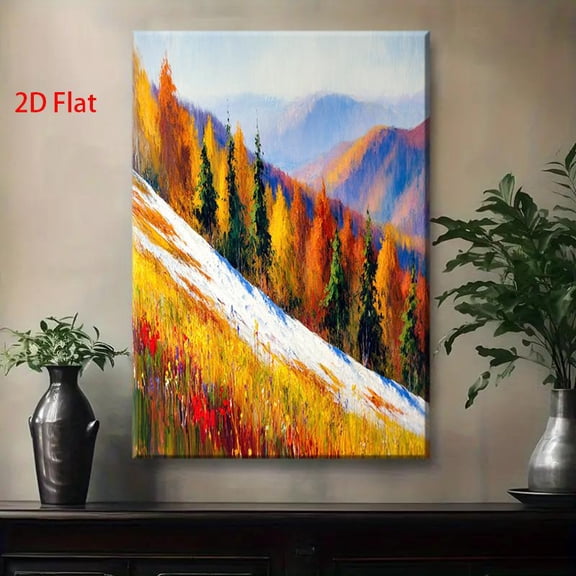 2D Flat Oil Painting Mountain Autumn Snow Landscape - Wrapped Canvas Framed Wall Art with Vibrant Fall Colors, Serene Winter Snow-Capped Mountains & Lush Forests - Nature-Themed Painting