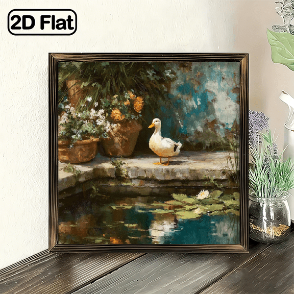 2D Flat, Oil Painting Style White Duck Pond Landscape Art Print with Classic Dark Frame for Living Room Bedroom Office Home Bathroom Wall Decor, 8x8 Inch Decorative Signs & Plaques, Thoughtful G