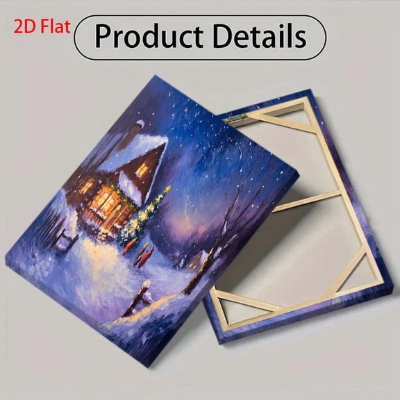 2D Flat Painting Winter Snowy Cabin - Cozy Christmas Village Winter Scene with Starry Night, Snow-Covered Trees & Twinkling - Canvas Painting Style Wall Art for Living Room, Bedroom