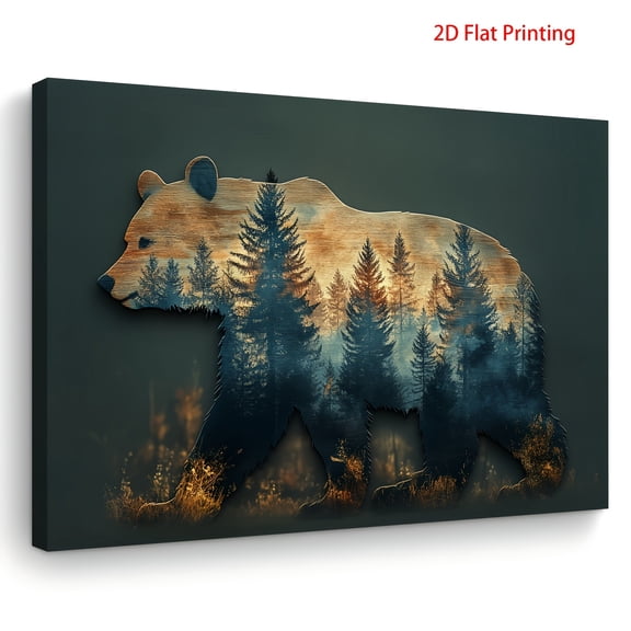 [2D Flat] One Piece of 2D Flat Print Featuring a Wooden-Framed Canvas Artwork, Showcasing a Bear Silhouette Filled with a Forest Scene. This Wall Art Is Suitable for Decorating Living Rooms, Bedrooms