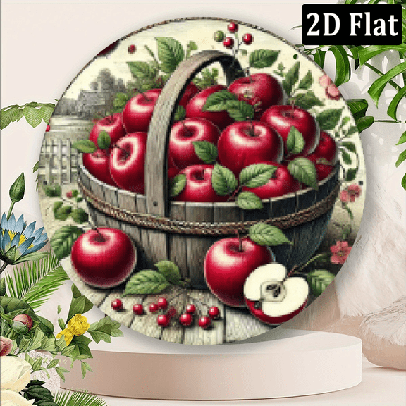 2D Flat, One-Piece, Apple Basket Metal Decor - 20X20 Cm 8X8 Inch Round Wall Art for Home, Farmhouse, Bar And Club Decor 8*8in