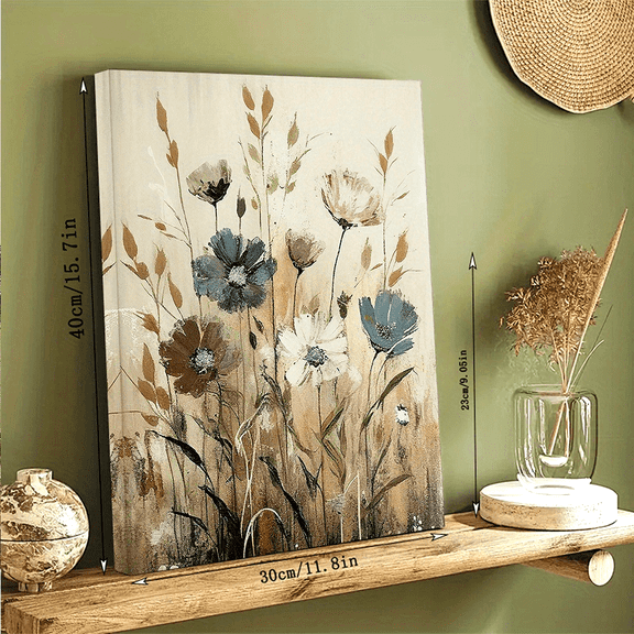 2D Flat, One Piece of Canvas Art Featuring a Wooden Frame, Depicting a Wildflower Oil Painting. This Print Showcases Floral Designs Suitable for a Country Cottage Aesthetic