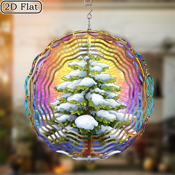 2D Flat - One Piece of a Two-Dimensional Flat Stained Design Featuring a Snow-Covered Christmas Tree Pattern This Colorful Rotating Wind Spinner, Adorned with a Snowy Tree And a Vibrant Backgrou