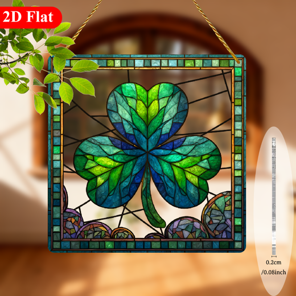 2D Flat - Ornament Featuring a Lucky Clover Theme, This 8-Inch Square Is an Acrylic Decorative Plate with Painted Artwork Measuring, It Is Perfect for Windows, Bedrooms, Various Rooms, Gardens