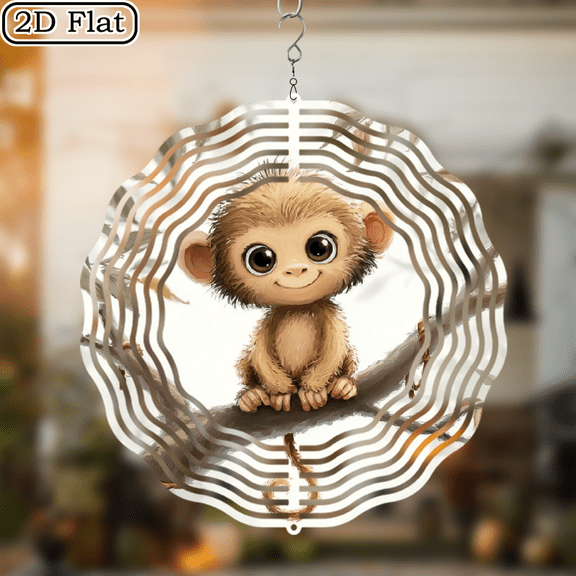 2D Flat Outdoor Wind Chime with Monkey Hanging on Branch, Wind Turn Wheel with 360 Degree Rotating Hook, Metal Yard Art and Garden Decoration - Outdoor Metal Wind Sculpture - Door Hanging Decorat