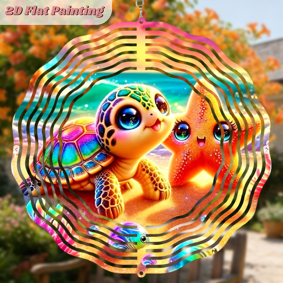 2D Flat Painting, a iron wind chime, colorful turtle. It can 360 rotate. Beautiful hanging ornaments that can be hung freely. The size is 10 * 10 inches.