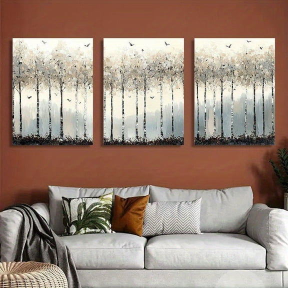2D Flat, Paintings, Posters & Prints, LPS Abstract Birch Trees Triptych Frameless Canvas Painting 12x16 Inches Modern Monochrome Impasto Style Oil Painting, 2D Flat, Wall Art Canvas Unframed, Canvas